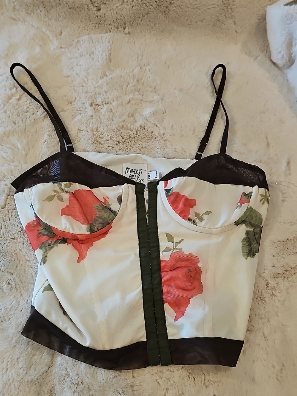 Princess Polly White Floral Bustier Camisole with Coral Roses